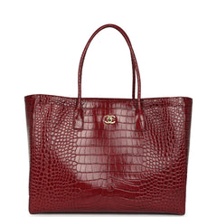 Chanel Large Cerf Shopping Bag Burgundy Crocodile Embossed Calfskin Gold Hardware