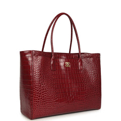 Chanel Large Cerf Shopping Bag Burgundy Crocodile Embossed Calfskin Gold Hardware