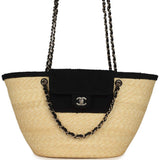 Chanel Large "Coco Vibe" Shopping Tote Bag Beige Raffia and Black Tweed Light Gold Hardware - Thumbnail View 1