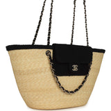Chanel Large "Coco Vibe" Shopping Tote Bag Beige Raffia and Black Tweed Light Gold Hardware - Thumbnail View 2
