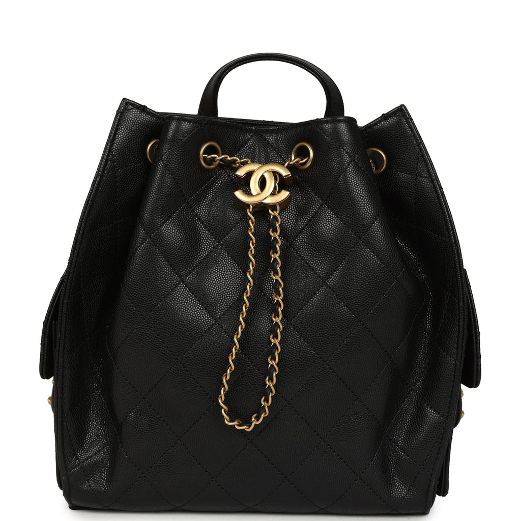 Pre-owned Chanel Small 25 Hobo Backpack Black Caviar Antique Gold Hardware