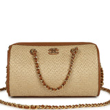 Chanel Mini Timeless Classic Barrel Bag with Chain Beige Braided Raffia and Brown Calfskin Light Gold Hardware - Thumbnail View 1