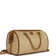 Chanel Mini Timeless Classic Barrel Bag with Chain Beige Braided Raffia and Brown Calfskin Light Gold Hardware