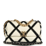 Chanel Medium 19 Flap Bag White Calfskin, Black Crochet Mixed Metal Hardware - Thumbnail View 1