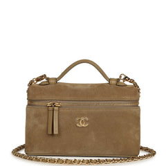 Chanel Top Handle Long Vanity Case with Chain Dark Beige Suede Gold Hardware
