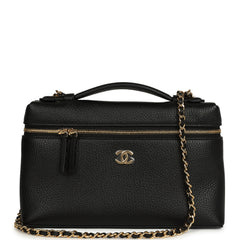 Chanel Large Top Handle Long Vanity Case with Chain Black Grained Calfskin Gold Hardware