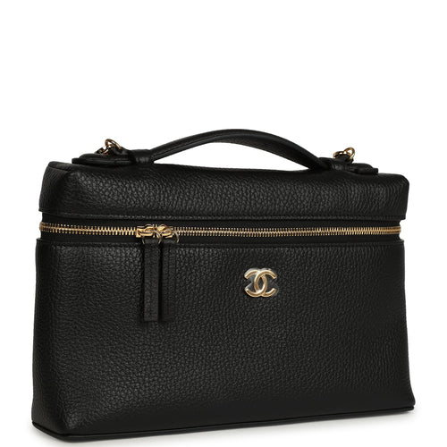 Chanel Large "Supple" Top Handle Long Vanity Case with Chain Black Grained Calfskin Gold Hardware