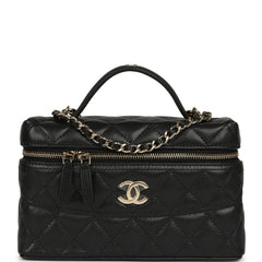 Chanel Top Handle Long Vanity Case with Chain Black Shiny Caviar Light Gold Hardware