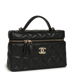 Chanel Top Handle Long Vanity Case with Chain Black Shiny Caviar Light Gold Hardware