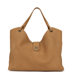 Chanel Maxi Shopping Bag Beige Grained Nubuck Calfskin Light Gold Hardware