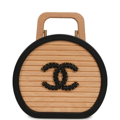 Pre-owned Chanel Small Round CC Vanity Case Tan Beechwood, Black Calfskin Antique Gold Hardware