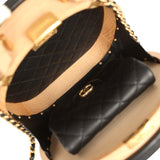 Pre-owned Chanel Small Round CC Vanity Case Tan Beechwood, Black Calfskin Antique Gold Hardware - Thumbnail View 9