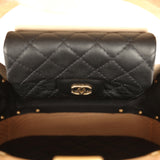 Pre-owned Chanel Small Round CC Vanity Case Tan Beechwood, Black Calfskin Antique Gold Hardware - Thumbnail View 11