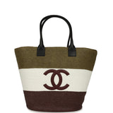 Chanel Maxi Coco Beach Small Shopping Bag Khaki, White, Brown Raffia and Calfskin - Thumbnail View 1