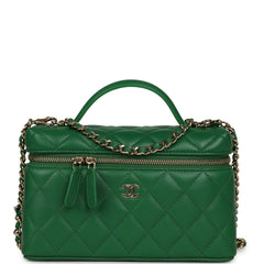 Chanel Top Handle Long Vanity Case with Chain Green Lambskin Light Gold Hardware