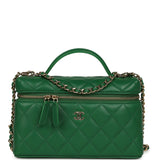Chanel Top Handle Long Vanity Case with Chain Green Lambskin Light Gold Hardware - Thumbnail View 1