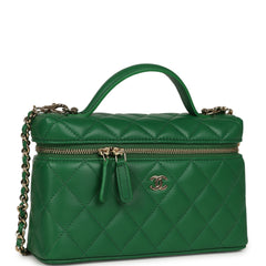 Chanel Top Handle Long Vanity Case with Chain Green Lambskin Light Gold Hardware