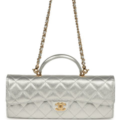 Chanel Long Top Handle Clutch with Chain Metallic Silver Caviar Gold Hardware