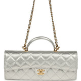 Chanel Long Top Handle Clutch with Chain Metallic Silver Caviar Gold Hardware - Thumbnail View 1