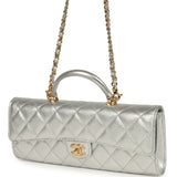 Chanel Long Top Handle Clutch with Chain Metallic Silver Caviar Gold Hardware - Thumbnail View 6