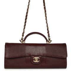 Chanel Long Top Handle Clutch with Chain Dark Burgundy Lizard Embossed Calfskin Gold Hardware
