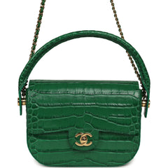 Chanel Mini Top Handle "Turn Around" Flap Bag Green Croc Embossed Calfskin Gold Hardware