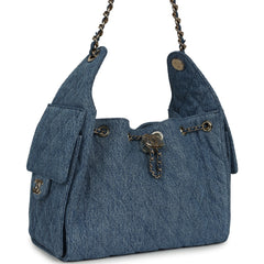 Chanel Small 25 Hobo Bag Blue Washed Denim Light Gold Hardware