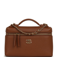 Chanel "Supple" Top Handle Long Vanity Case with Chain Camel Grained Calfskin Gold Hardware