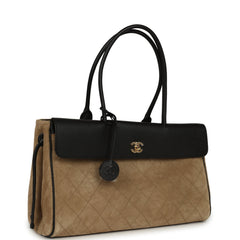 Chanel Large "Urban Essential" East West Shopping Tote Black Grained Calfskin and Beige Suede Gold Hardware