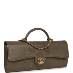 Chanel Long Top Handle Clutch with Chain Dark Khaki Lizard Embossed Calfskin Gold Hardware