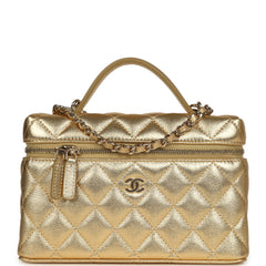 Chanel Top Handle Long Vanity Case with Chain Gold Metallic Caviar Light Gold Hardware