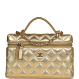 Chanel Top Handle Long Vanity Case with Chain Gold Metallic Caviar Light Gold Hardware - Thumbnail View 1