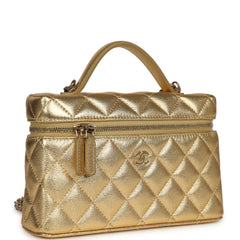 Chanel Top Handle Long Vanity Case with Chain Gold Metallic Caviar Light Gold Hardware