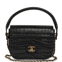 Chanel Mini Top Handle "Turn Around" Flap Dark Grey Croc Embossed Calfskin Gold Hardware