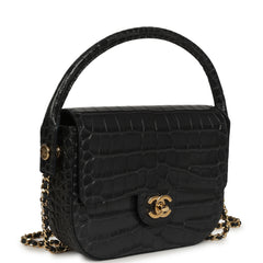 Chanel Mini Top Handle "Turn Around" Flap Dark Grey Croc Embossed Calfskin Gold Hardware