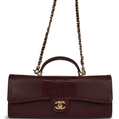Chanel Long Top Handle Clutch with Chain Dark Burgundy Lizard Embossed Calfskin Gold Hardware
