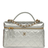 Chanel Top Handle Long Vanity Case with Chain Silver Metallic Caviar Gold Hardware - Thumbnail View 1