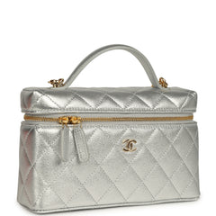 Chanel Top Handle Long Vanity Case with Chain Silver Metallic Caviar Gold Hardware