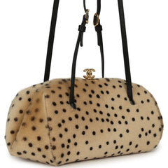 Chanel Cheetah Print Clutch with Leather Straps Light Beige Calf Hair, Black Leather Gold Hardware
