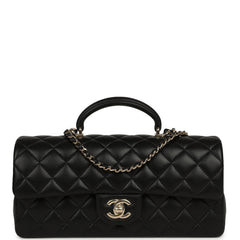 Chanel Classic Top Handle Long Flap Bag Black Lambskin Light Gold Hardware