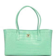 Chanel Small Cerf Shopping Bag Teal Croc Embossed Calfskin Gold Hardware