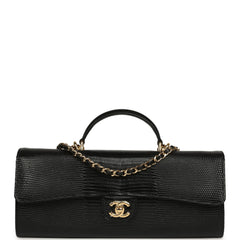 Chanel Long Top Handle Clutch with Chain Black Lizard Embossed Calfskin Gold Hardware