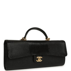 Chanel Long Top Handle Clutch with Chain Black Lizard Embossed Calfskin Gold Hardware