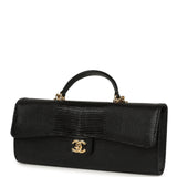 Chanel Long Top Handle Clutch with Chain Black Lizard Embossed Calfskin Gold Hardware - Thumbnail View 6