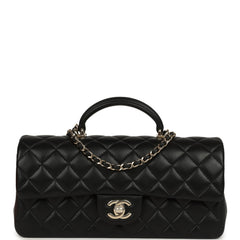 Chanel Classic Top Handle Long Flap Bag Black Lambskin Light Gold Hardware