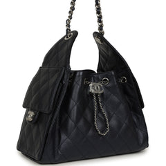 Chanel Small 25 Hobo Bag Dark Blue Metallic Caviar Silver Hardware