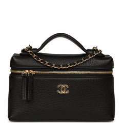 Chanel "Supple" Top Handle Long Vanity Case with Chain Black Grained Calfskin Gold Hardware