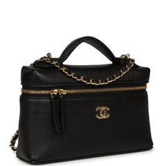 Chanel "Supple" Top Handle Long Vanity Case with Chain Black Grained Calfskin Gold Hardware