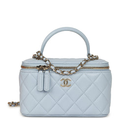 Chanel Small Classic Top Handle Vanity Case Light Blue Lambskin Light Gold Hardware