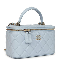 Chanel Small Classic Top Handle Vanity Case Light Blue Lambskin Light Gold Hardware